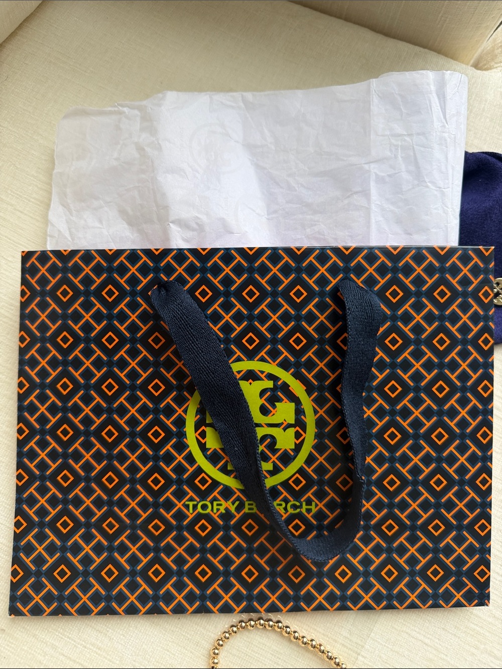 Like New Tory Burch Gold Beaded Charm Bracelet w/ Tory Burch Pouch & Gift Bag - Picture 3 of 6